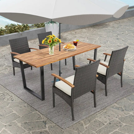 5 Pieces Patio Wicker Chair and Dining Table Set with 2 Inch Umbrella Hole - Multicolor - Patio Dining Sets
