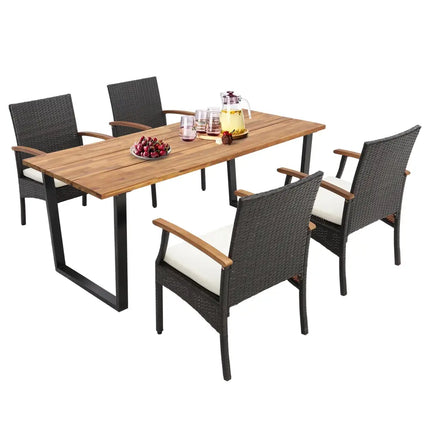 5 Pieces Patio Wicker Chair and Dining Table Set with 2 Inch Umbrella Hole - Multicolor - Patio Dining Sets