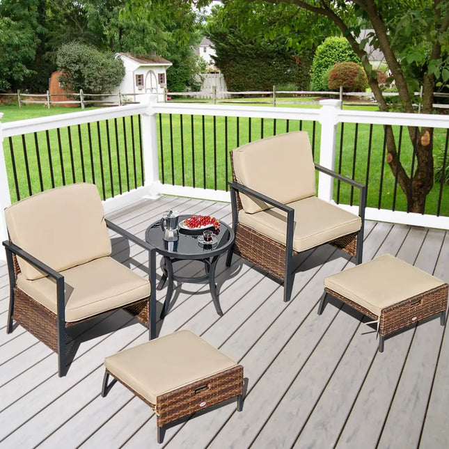 5 Pieces Patio Wicker Conversation Set with Soft Cushions for Garden Yard - Beige - Patio Conversation Sets