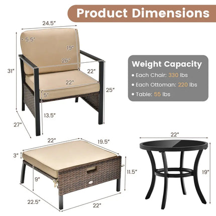 5 Pieces Patio Wicker Conversation Set with Soft Cushions for Garden Yard - Beige - Patio Conversation Sets