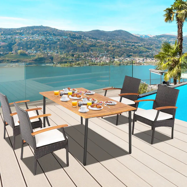 5 Pieces Patio Wicker Cushioned Dining Set with Wood Armrest and Umbrella Hole - Natural - Patio Dining Sets