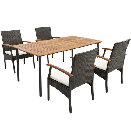 5 Pieces Patio Wicker Cushioned Dining Set with Wood Armrest and Umbrella Hole - Natural - Patio Dining Sets