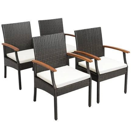 5 Pieces Patio Wicker Cushioned Dining Set with Wood Armrest and Umbrella Hole - Natural - Patio Dining Sets