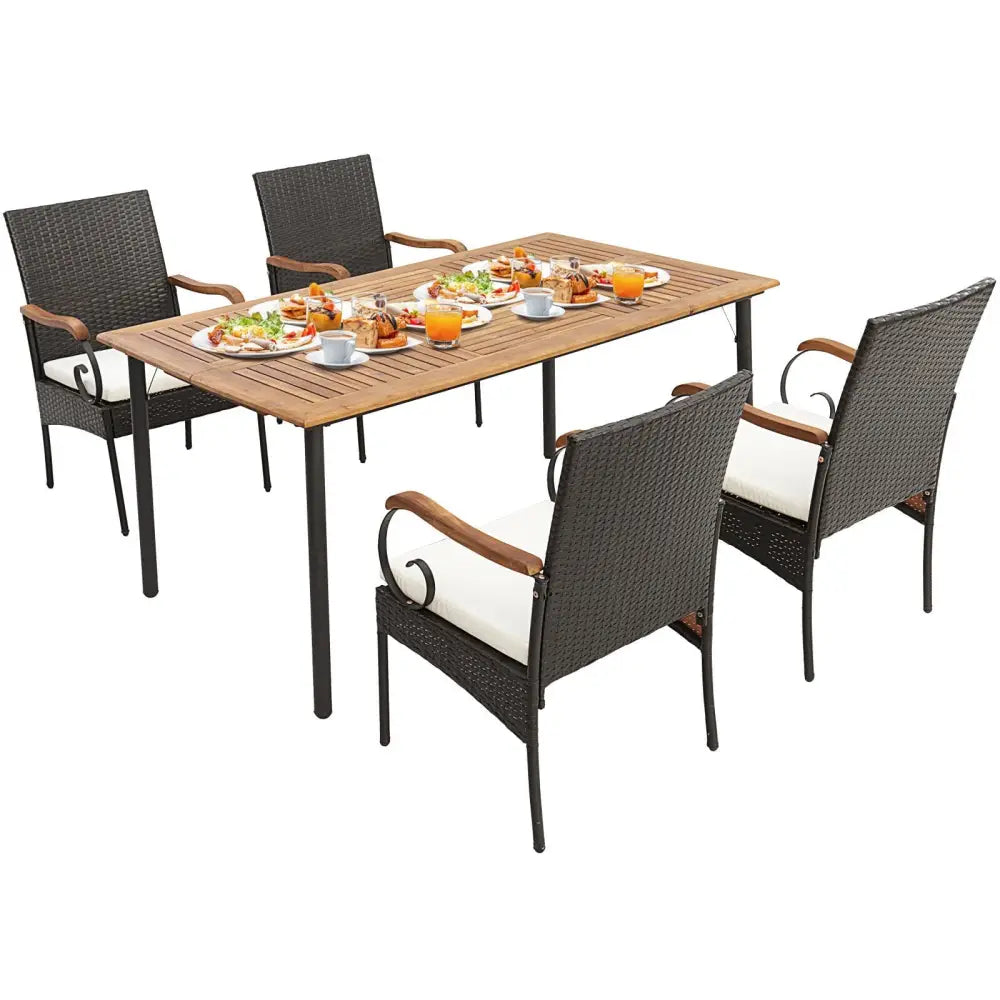 5 Pieces Patio Wicker Dining Set with Detachable Cushion and Umbrella Hole - Natural - Patio Dining Sets