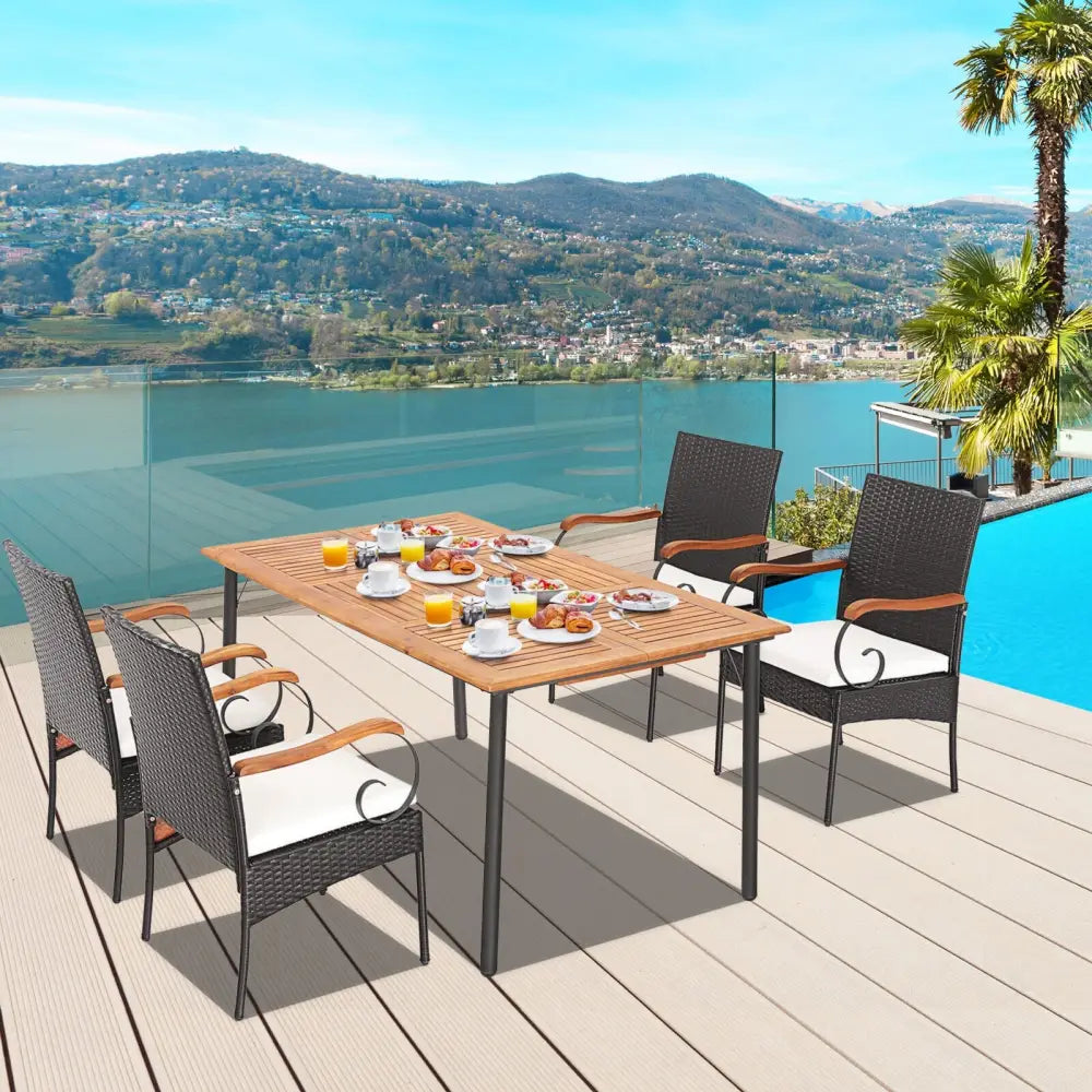 5 Pieces Patio Wicker Dining Set with Detachable Cushion and Umbrella Hole - Natural - Patio Dining Sets