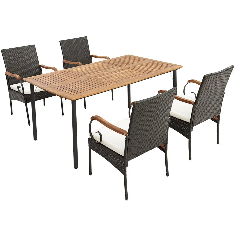5 Pieces Patio Wicker Dining Set with Detachable Cushion and Umbrella Hole - Natural - Patio Dining Sets
