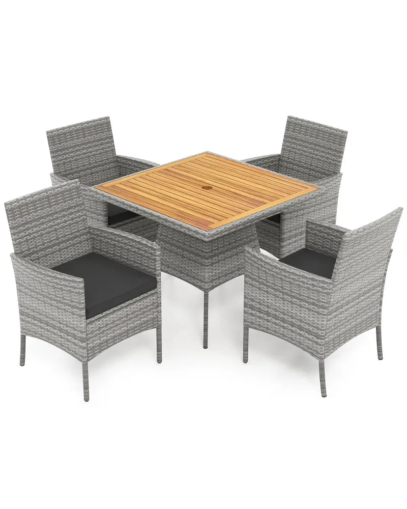 5 Pieces PE Wicker Patio Dining Set Outdoor Acacia Wood Table and Chairs-Black - Black - Patio Dining Sets