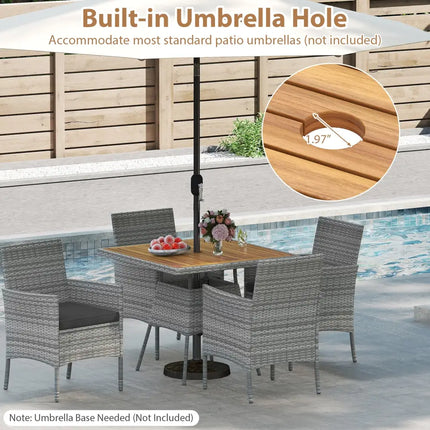 5 Pieces PE Wicker Patio Dining Set Outdoor Acacia Wood Table and Chairs-Black - Black - Patio Dining Sets