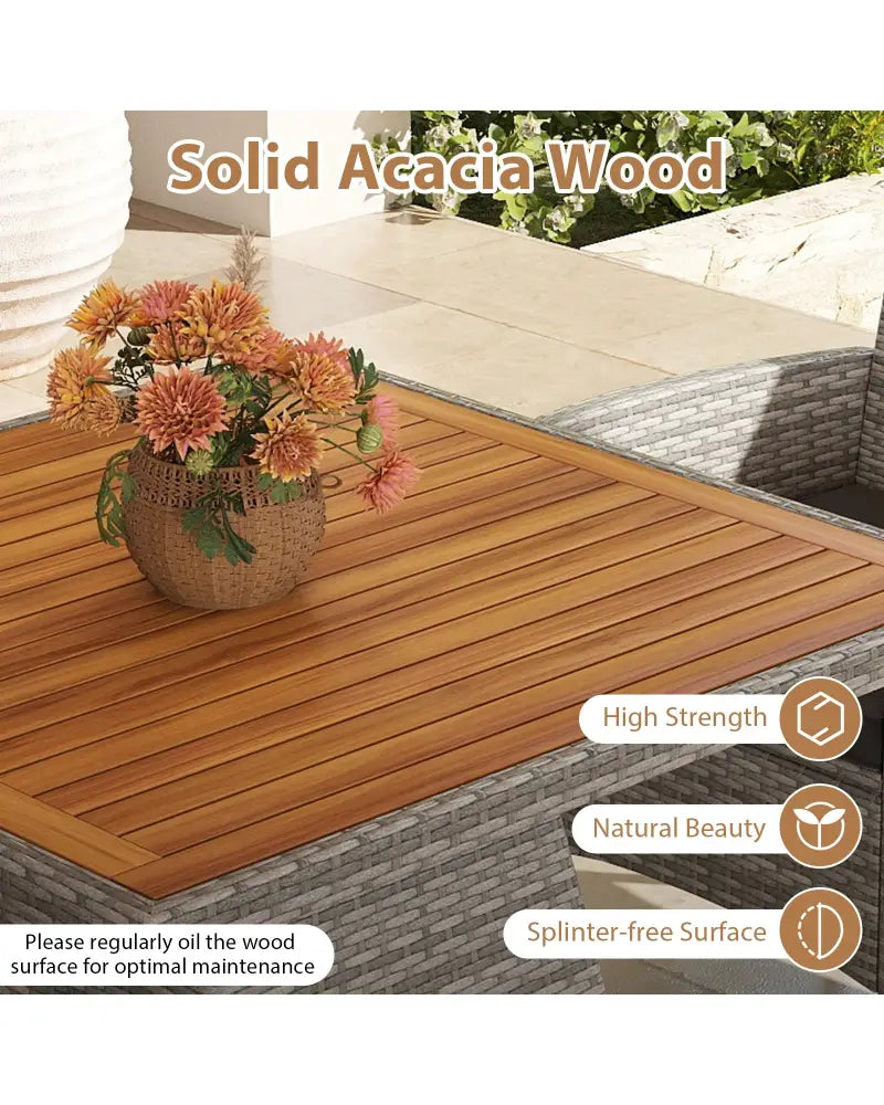 5 Pieces PE Wicker Patio Dining Set Outdoor Acacia Wood Table and Chairs-Black - Black - Patio Dining Sets