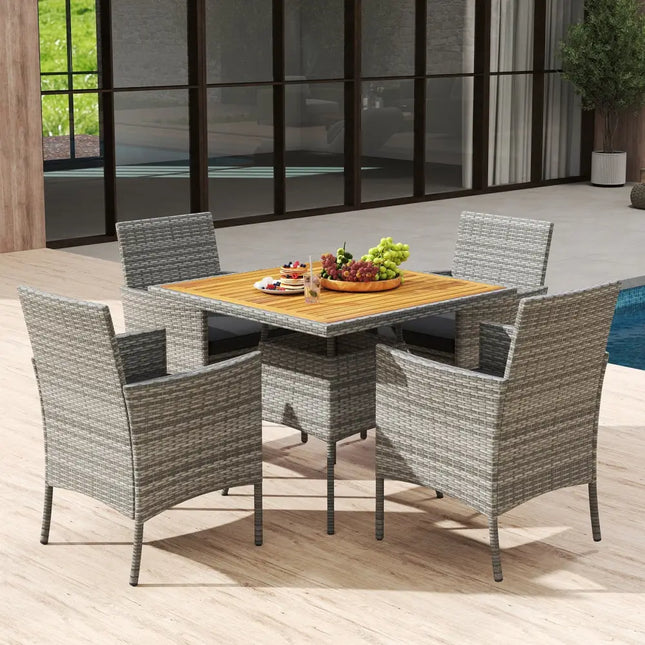 5 Pieces PE Wicker Patio Dining Set Outdoor Acacia Wood Table and Chairs-Black - Black - Patio Dining Sets