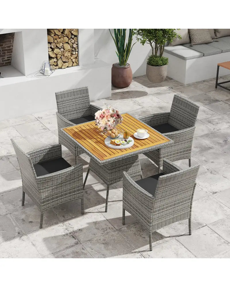5 Pieces PE Wicker Patio Dining Set Outdoor Acacia Wood Table and Chairs-Black - Black - Patio Dining Sets
