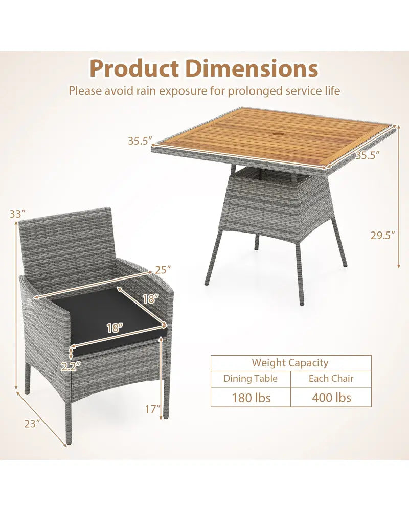 5 Pieces PE Wicker Patio Dining Set Outdoor Acacia Wood Table and Chairs-Black - Black - Patio Dining Sets