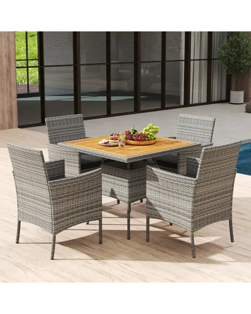 5 Pieces PE Wicker Patio Dining Set Outdoor Acacia Wood Table and Chairs-Black - Black - Patio Dining Sets