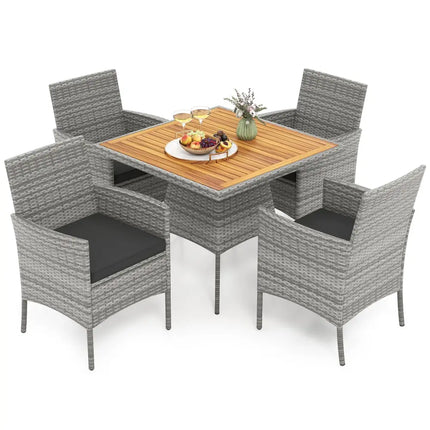 5 Pieces PE Wicker Patio Dining Set Outdoor Acacia Wood Table and Chairs-Black - Black - Patio Dining Sets