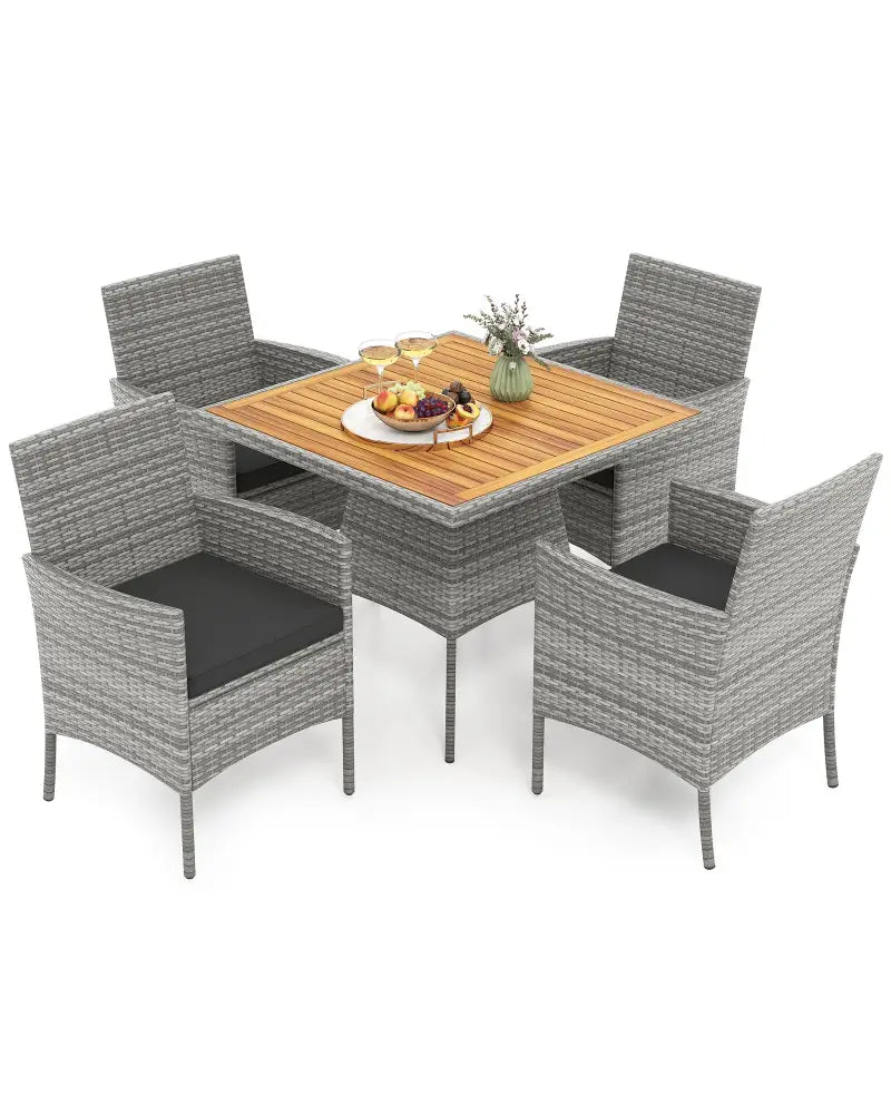 5 Pieces PE Wicker Patio Dining Set Outdoor Acacia Wood Table and Chairs-Black - Black - Patio Dining Sets