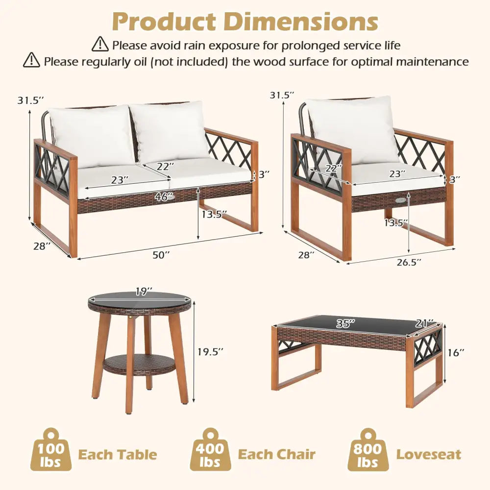 5 Pieces PE Wicker Patio Furniture Set with Acacia Wood Frame - Patio Dining Sets