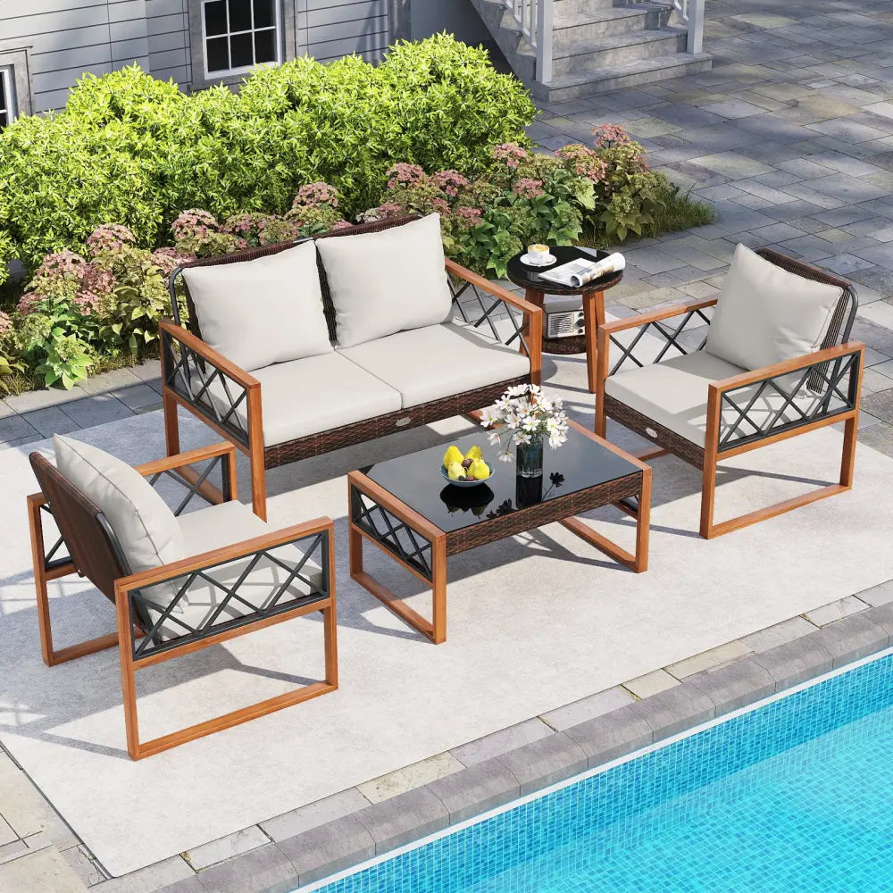 5 Pieces PE Wicker Patio Furniture Set with Acacia Wood Frame - Patio Dining Sets