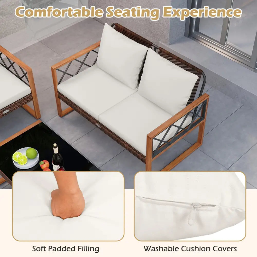 5 Pieces PE Wicker Patio Furniture Set with Acacia Wood Frame - Patio Dining Sets