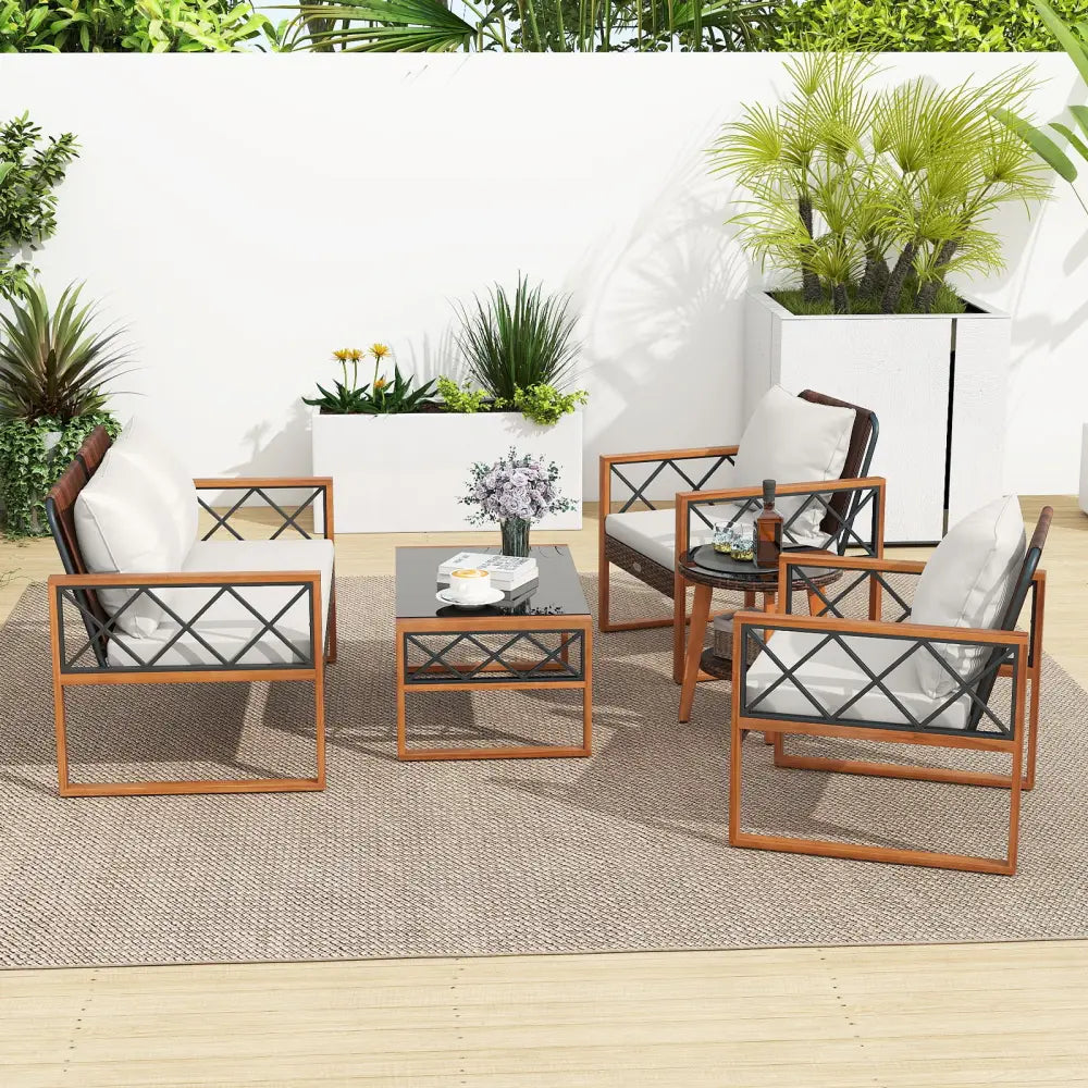 5 Pieces PE Wicker Patio Furniture Set with Acacia Wood Frame - Patio Dining Sets