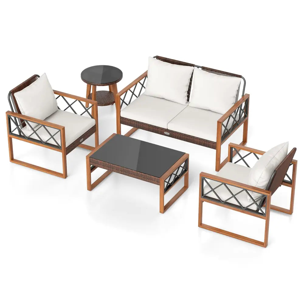 5 Pieces PE Wicker Patio Furniture Set with Acacia Wood Frame - Patio Dining Sets