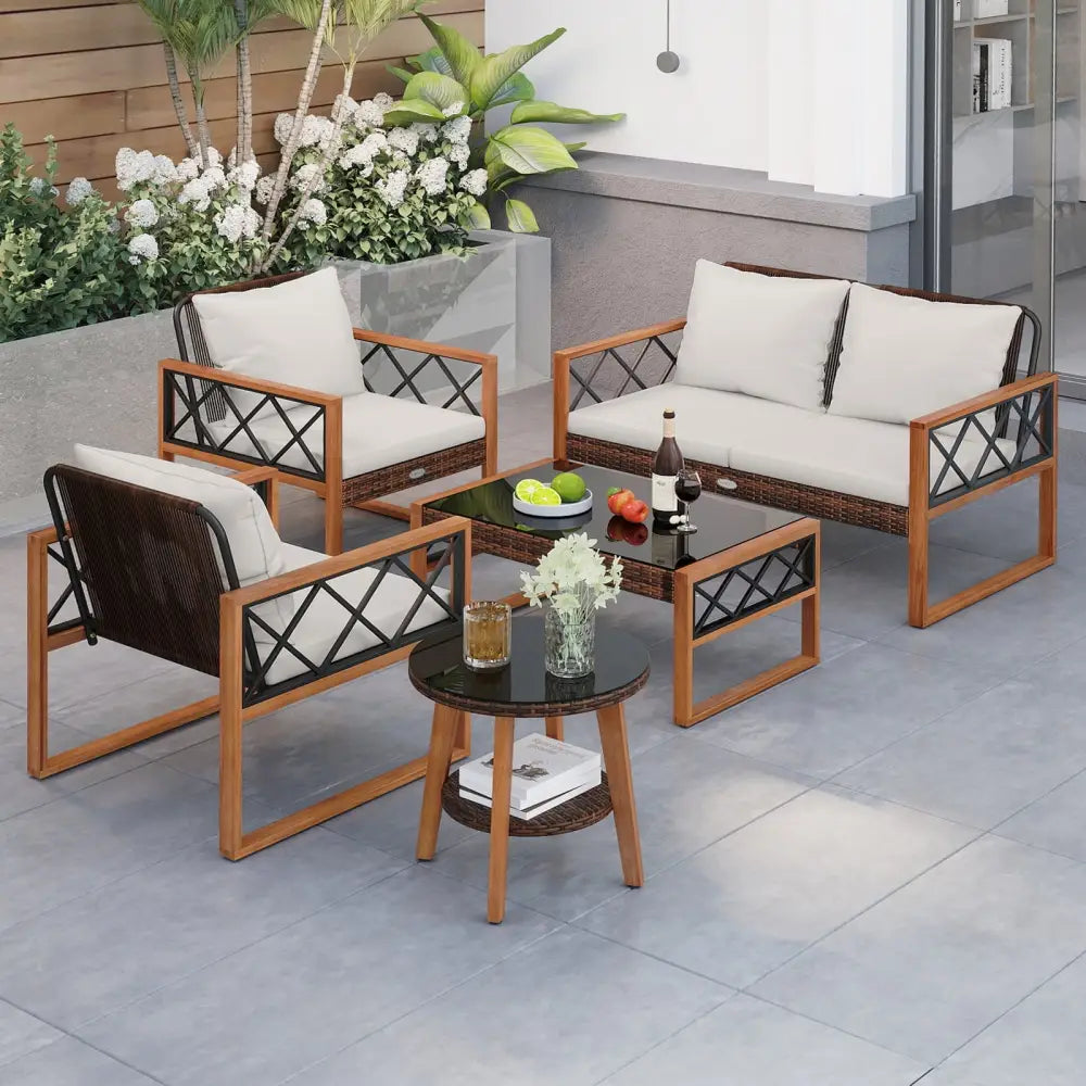 5 Pieces PE Wicker Patio Furniture Set with Acacia Wood Frame - Patio Dining Sets