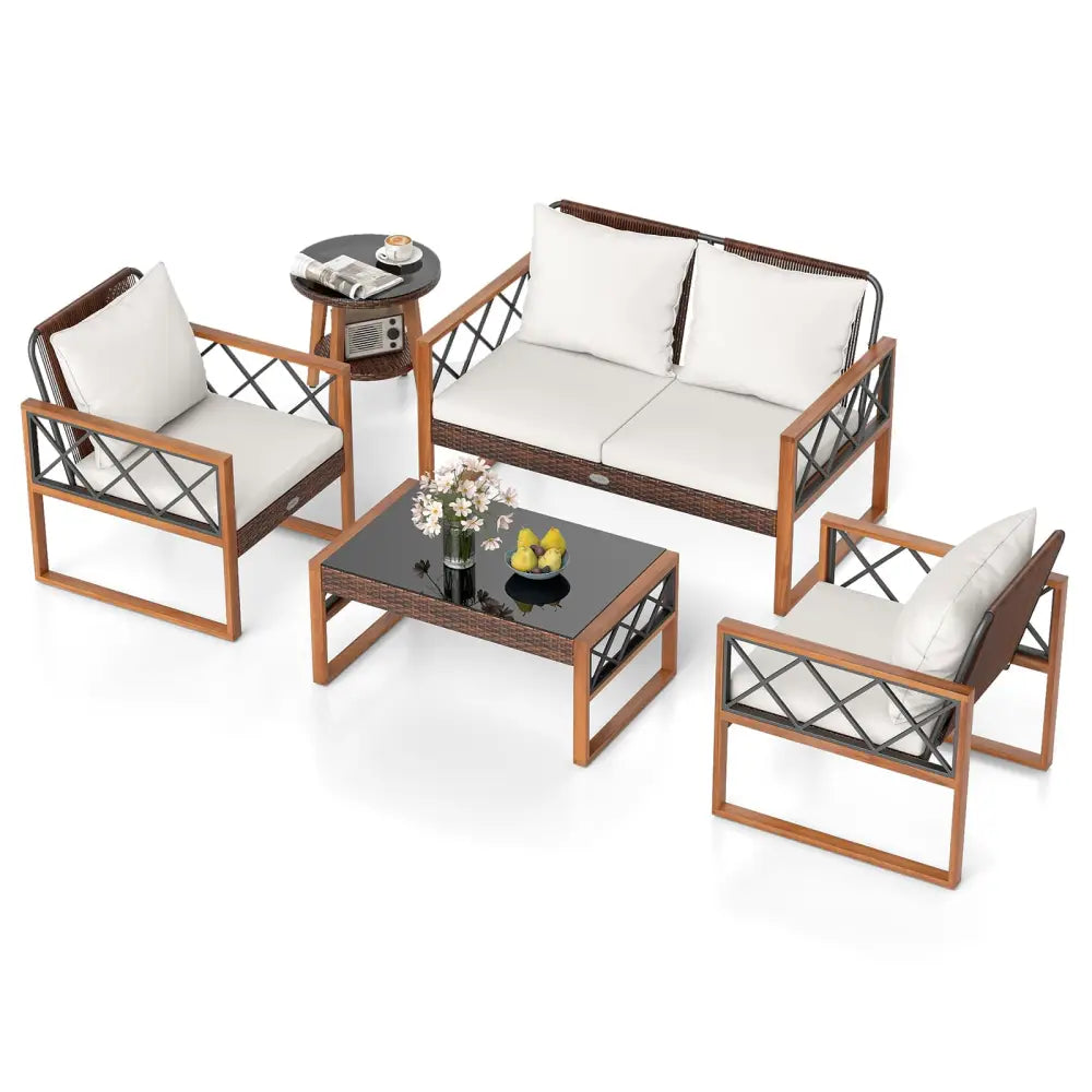 5 Pieces PE Wicker Patio Furniture Set with Acacia Wood Frame - Patio Dining Sets