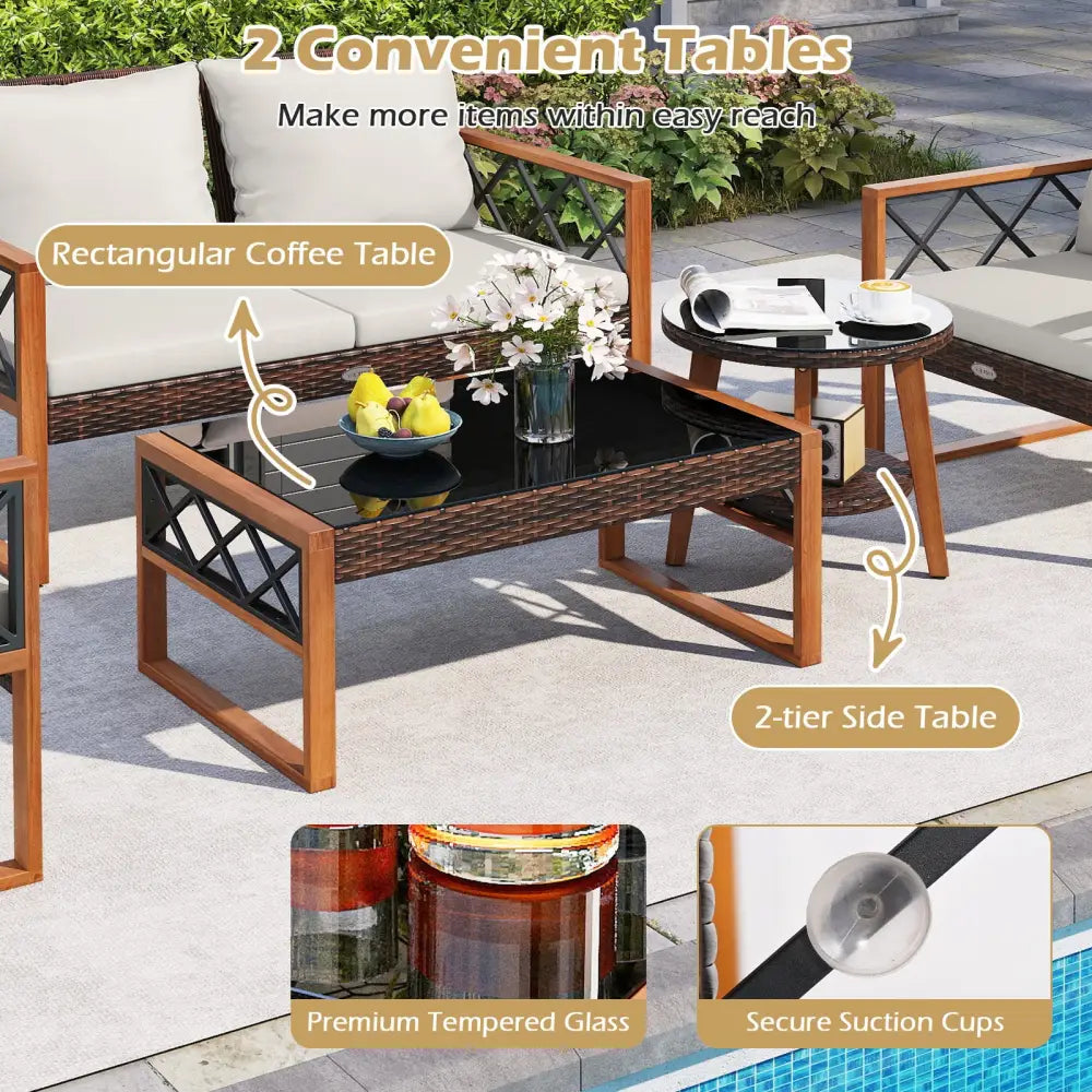 5 Pieces PE Wicker Patio Furniture Set with Acacia Wood Frame - Patio Dining Sets