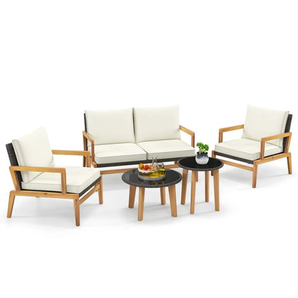 5 Pieces Rattan Furniture Set Wicker Woven Sofa Set with 2 Coffee Tables-Off White - Off White - Patio Conversation Sets