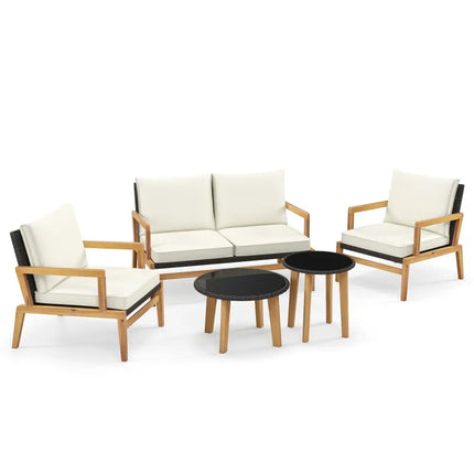 5 Pieces Rattan Furniture Set Wicker Woven Sofa Set with 2 Coffee Tables-Off White - Off White - Patio Conversation Sets