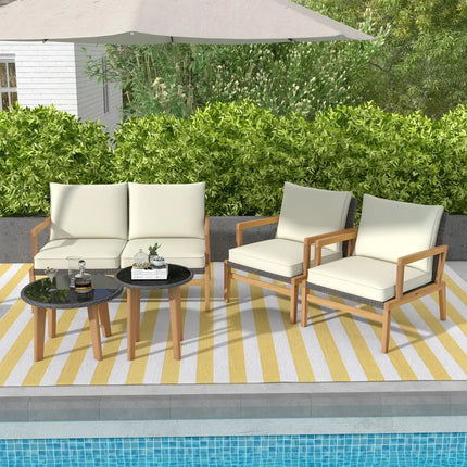 5 Pieces Rattan Furniture Set Wicker Woven Sofa Set with 2 Coffee Tables-Off White - Off White - Patio Conversation Sets