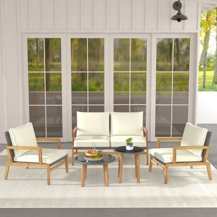 5 Pieces Rattan Furniture Set Wicker Woven Sofa Set with 2 Coffee Tables-Off White - Off White - Patio Conversation Sets