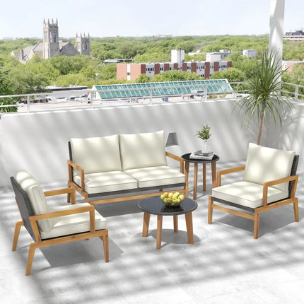 5 Pieces Rattan Furniture Set Wicker Woven Sofa Set with 2 Coffee Tables-Off White - Off White - Patio Conversation Sets