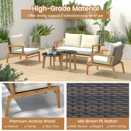 5 Pieces Rattan Furniture Set Wicker Woven Sofa Set with 2 Coffee Tables-Off White - Off White - Patio Conversation Sets