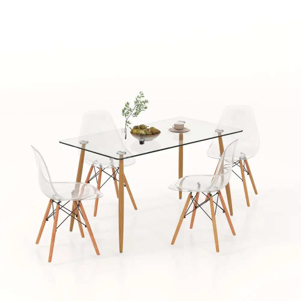 5 Pieces Rectangle Dining Table Set with 51 Inch Glass Tabletop-Transparent - Transparent - Dining Room Sets
