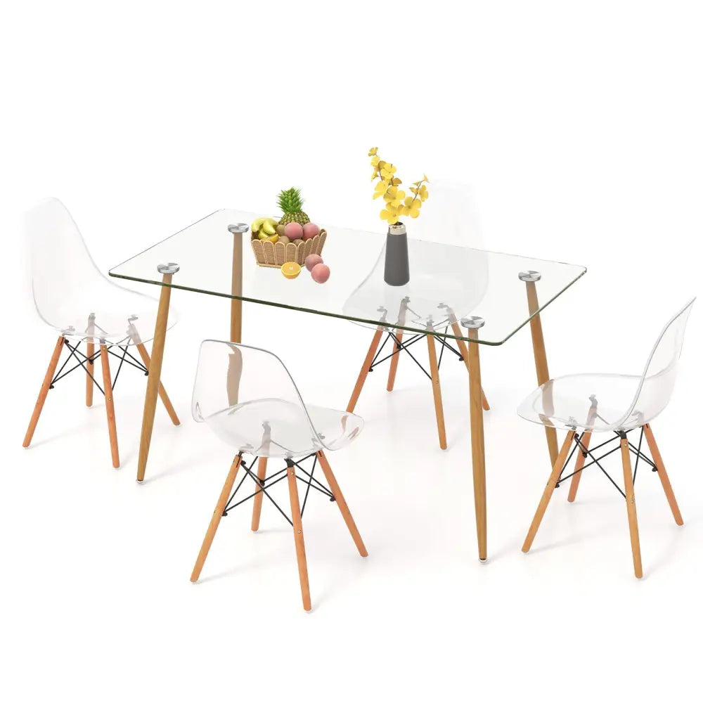 5 Pieces Rectangle Dining Table Set with 51 Inch Glass Tabletop-Transparent Costway