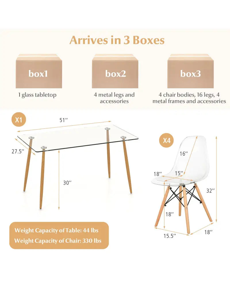 5 Pieces Rectangle Dining Table Set with 51 Inch Glass Tabletop-Transparent - Transparent - Dining Room Sets
