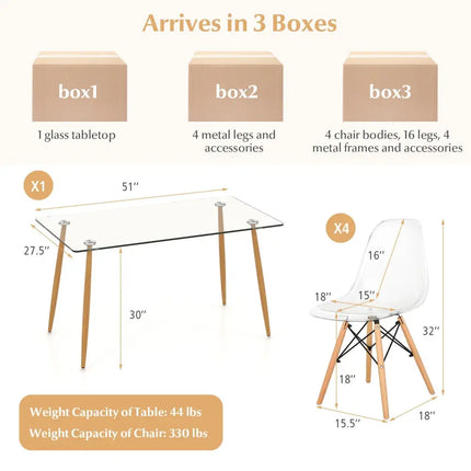 5 Pieces Rectangle Dining Table Set with 51 Inch Glass Tabletop-Transparent Costway