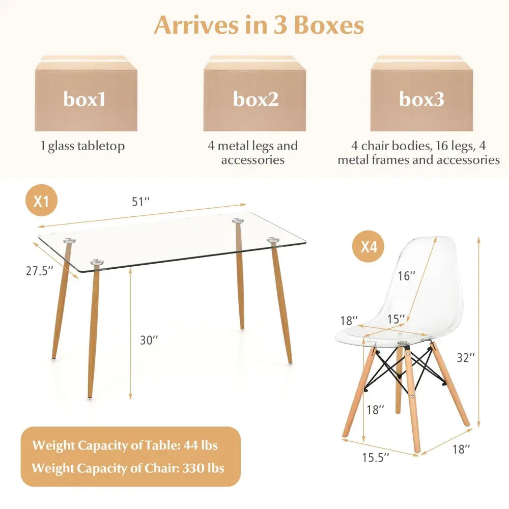5 Pieces Rectangle Dining Table Set with 51 Inch Glass Tabletop-Transparent Costway