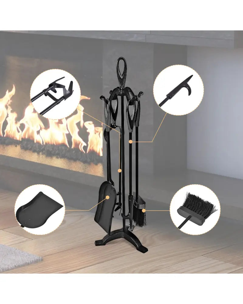 5 Pieces Rustic Heavy Duty Compact Wrought Iron Fireplace Tools Set - Black - Fireplace Tools