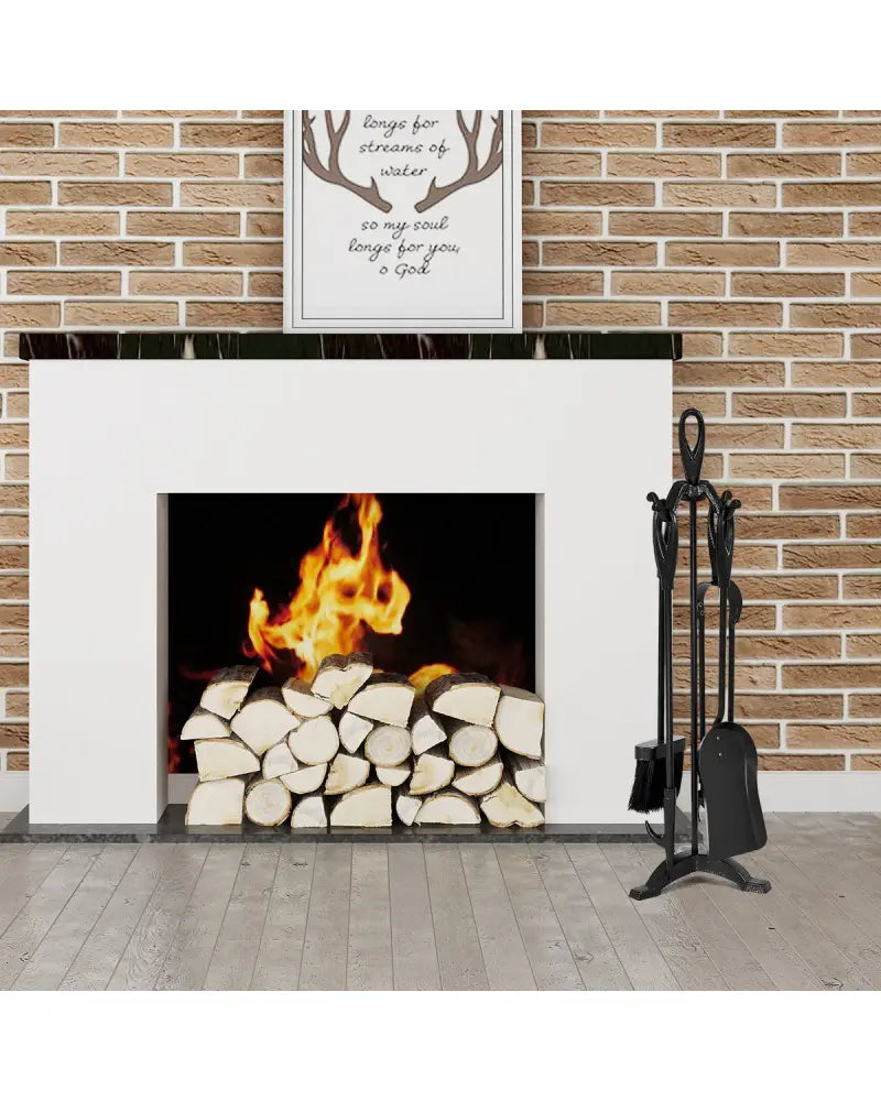 5 Pieces Rustic Heavy Duty Compact Wrought Iron Fireplace Tools Set - Black - Fireplace Tools