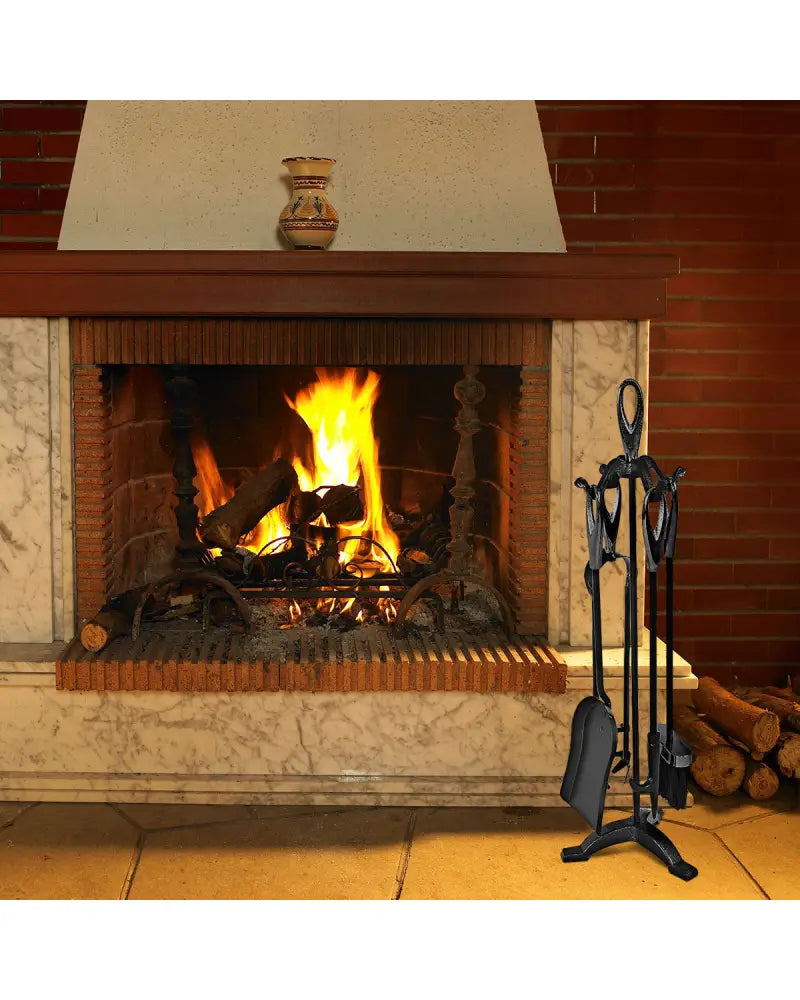 5 Pieces Rustic Heavy Duty Compact Wrought Iron Fireplace Tools Set - Black - Fireplace Tools