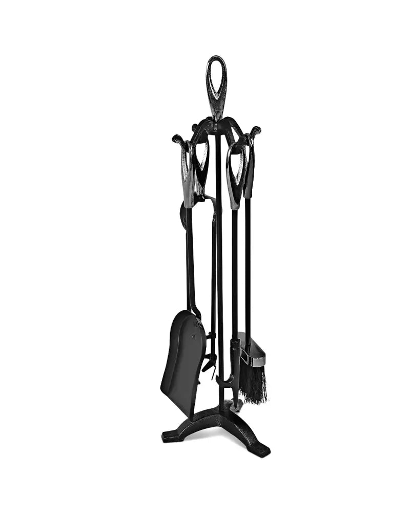 5 Pieces Rustic Heavy Duty Compact Wrought Iron Fireplace Tools Set - Black - Fireplace Tools