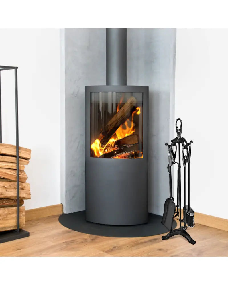 5 Pieces Rustic Heavy Duty Compact Wrought Iron Fireplace Tools Set - Black - Fireplace Tools