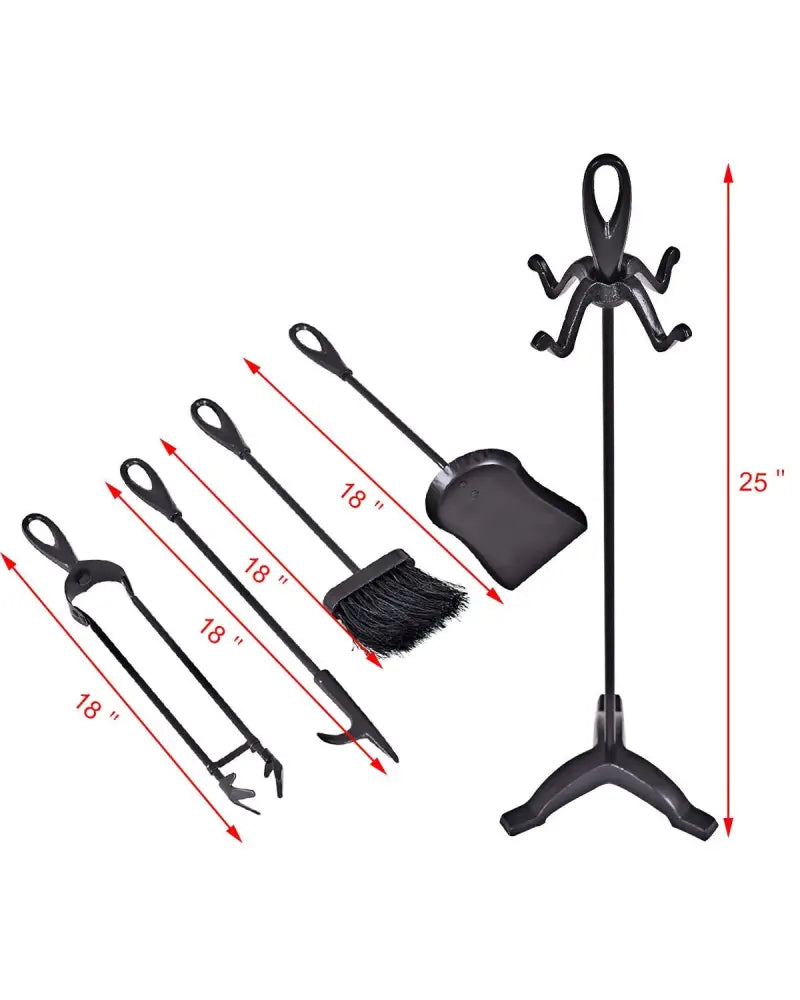 5 Pieces Rustic Heavy Duty Compact Wrought Iron Fireplace Tools Set - Black - Fireplace Tools