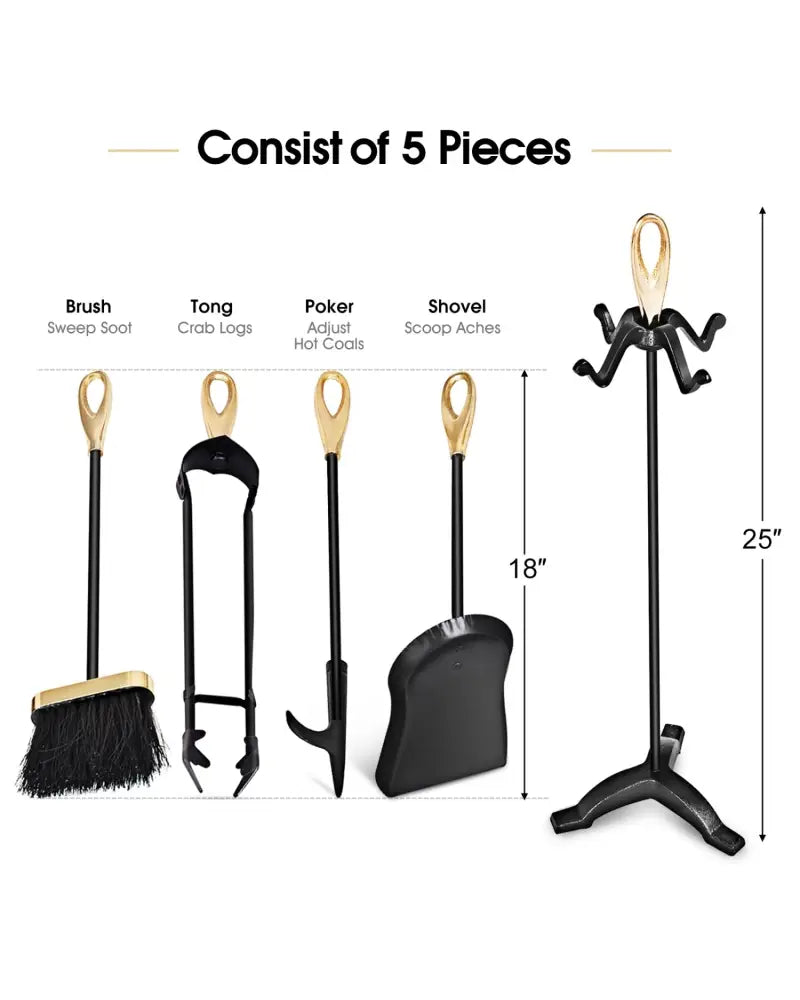 5 Pieces Stylish Gold Iron Fireplace Tools Set - Golden - Fireplace Tools