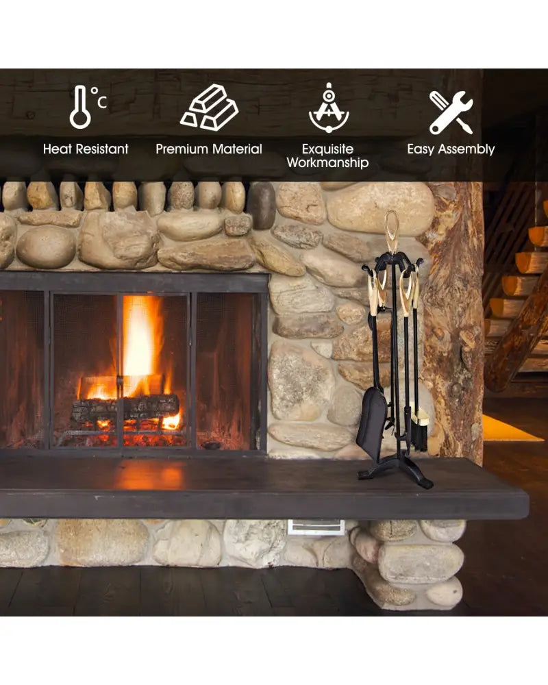 5 Pieces Stylish Gold Iron Fireplace Tools Set - Golden - Fireplace Tools