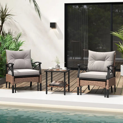 5 Pieces Wicker Patio Furniture Set Ottomans and Cushions and 2-Tier Tempered Glass Side Table-Brown - Brown - Patio