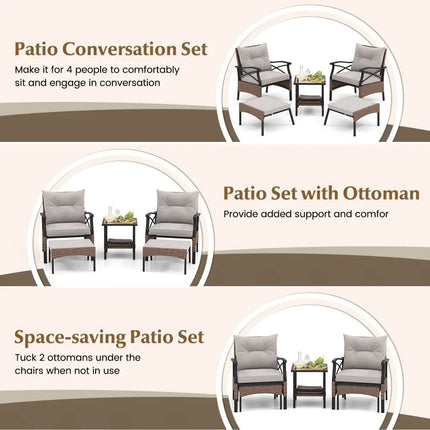 5 Pieces Wicker Patio Furniture Set Ottomans and Cushions and 2-Tier Tempered Glass Side Table-Brown - Brown - Patio