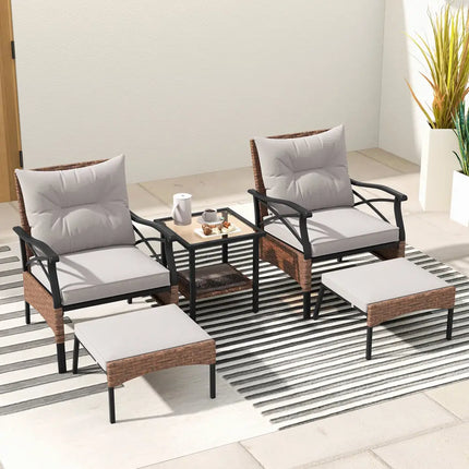 5 Pieces Wicker Patio Furniture Set Ottomans and Cushions and 2-Tier Tempered Glass Side Table-Brown - Brown - Patio
