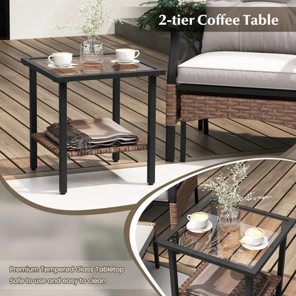 5 Pieces Wicker Patio Furniture Set Ottomans and Cushions and 2-Tier Tempered Glass Side Table-Brown - Brown - Patio